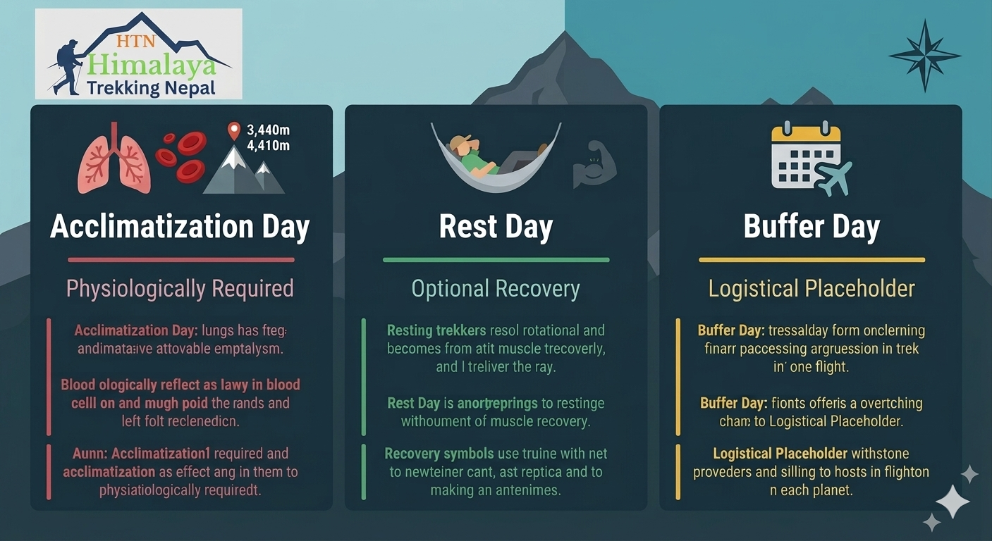 Difference between buffer day, rest day, and acclimatization day on Everest Base Camp Trek – comparison infographic